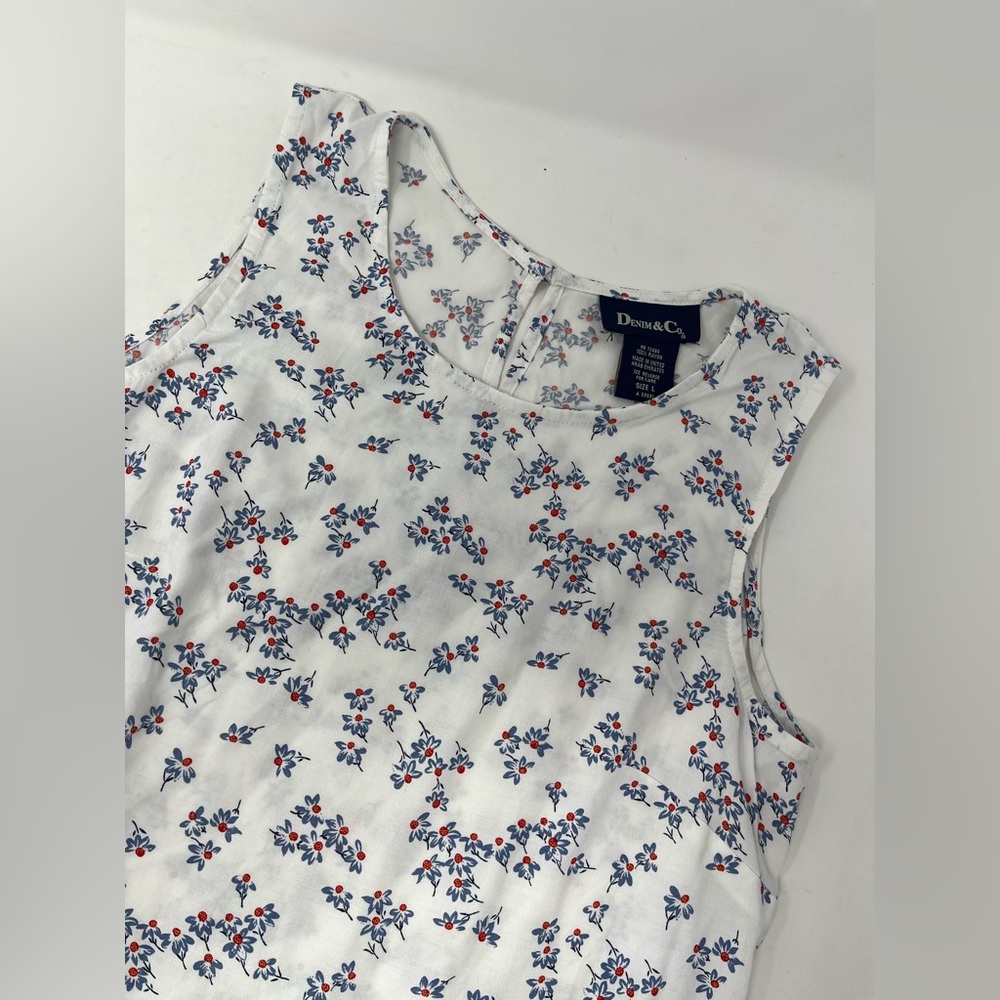 Denim & Co Flower Blue Red White Floral Print Sleeveless Dress Size Large GHI2.